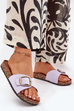 Online Klapki Damskie Z Klamrą Na Korkowej Platformie Liliowe Zavira Damskie Klapki Korkowe|Klapki Na Platformie