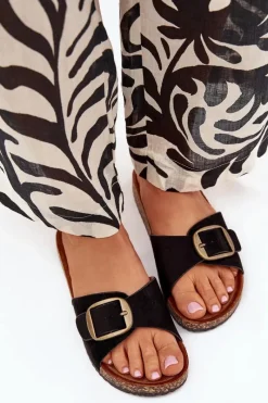 Boto Klapki Damskie Z Klamrą Na Korkowej Platformie Czarne Zavira Czarny