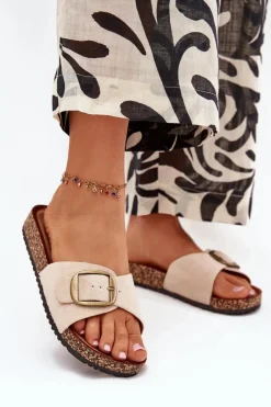 Online Boto Klapki Damskie Z Klamrą Na Korkowej Platformie Beżowe Zavira