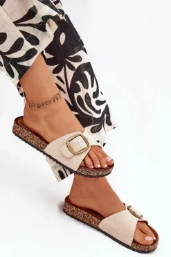 Online Boto Klapki Damskie Z Klamrą Na Korkowej Platformie Beżowe Zavira