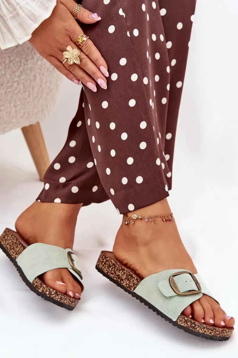 New Klapki Damskie Z Klamrą Na Korkowej Platformie Miętowe Zavira Damskie Klapki Korkowe|Klapki Na Platformie