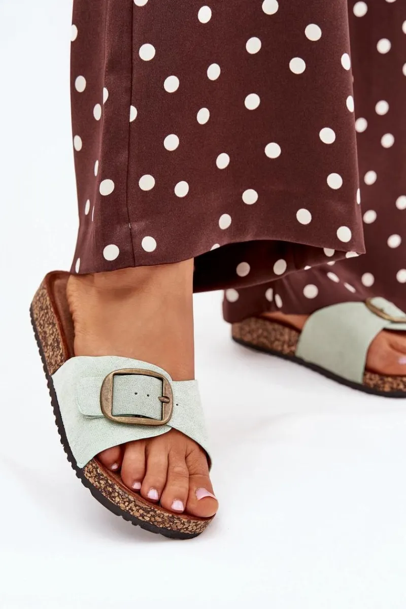 New Klapki Damskie Z Klamrą Na Korkowej Platformie Miętowe Zavira Damskie Klapki Korkowe|Klapki Na Platformie