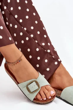 New Klapki Damskie Z Klamrą Na Korkowej Platformie Miętowe Zavira Damskie Klapki Korkowe|Klapki Na Platformie