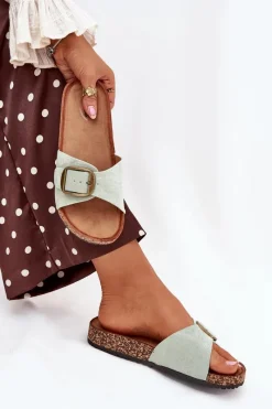 New Klapki Damskie Z Klamrą Na Korkowej Platformie Miętowe Zavira Damskie Klapki Korkowe|Klapki Na Platformie