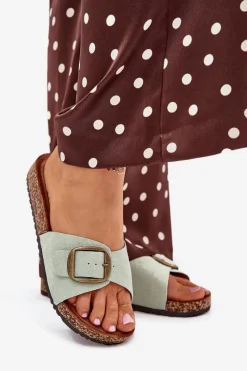 New Klapki Damskie Z Klamrą Na Korkowej Platformie Miętowe Zavira Damskie Klapki Korkowe|Klapki Na Platformie