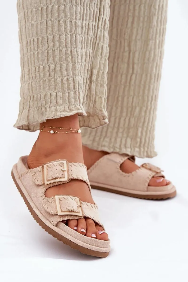 Discount Boto Klapki Damskie Z Klamrami I Ozdobnym Obszyciem Beżowe Visley Beżowy