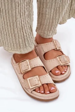 Discount Boto Klapki Damskie Z Klamrami I Ozdobnym Obszyciem Beżowe Visley Beżowy