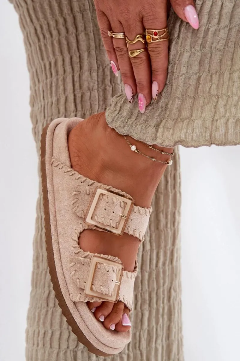 Discount Boto Klapki Damskie Z Klamrami I Ozdobnym Obszyciem Beżowe Visley Beżowy