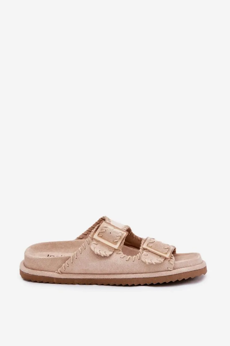 Discount Boto Klapki Damskie Z Klamrami I Ozdobnym Obszyciem Beżowe Visley Beżowy