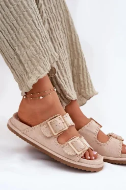 Discount Boto Klapki Damskie Z Klamrami I Ozdobnym Obszyciem Beżowe Visley Beżowy