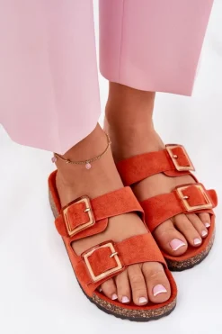 Klapki Damskie Z Klamrami Na Korkowej Podeszwie Pomarańczowe Sercele Damskie Klapki Korkowe|Klapki Na Platformie