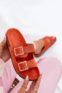 Klapki Damskie Z Klamrami Na Korkowej Podeszwie Pomarańczowe Sercele Damskie Klapki Korkowe|Klapki Na Platformie