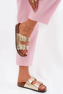 Best Boto Klapki Damskie Z Klamrami Na Korkowej Podeszwie Złote Sercele