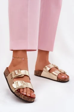 Best Boto Klapki Damskie Z Klamrami Na Korkowej Podeszwie Złote Sercele