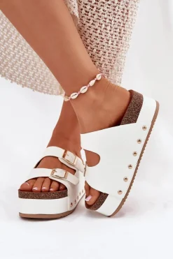 Clearance Boto Klapki Damskie Z Klamrami Na Masywnej Platformie Białe Odisene