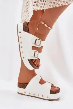 Clearance Boto Klapki Damskie Z Klamrami Na Masywnej Platformie Białe Odisene