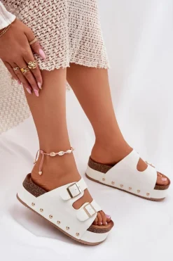 Clearance Boto Klapki Damskie Z Klamrami Na Masywnej Platformie Białe Odisene