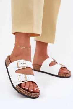 Clearance Evento Klapki Damskie Z Klamrami Z Eko Skóry Białe Iskira Biały