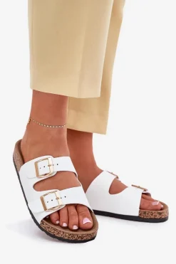 Clearance Evento Klapki Damskie Z Klamrami Z Eko Skóry Białe Iskira Biały