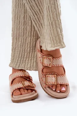 Klapki Na Platformie|Klapki Damskie Klasyczne>Boto Klapki Damskie Z Klamrami I Ozdobnym Obszyciem Beżowe Visley Beżowy