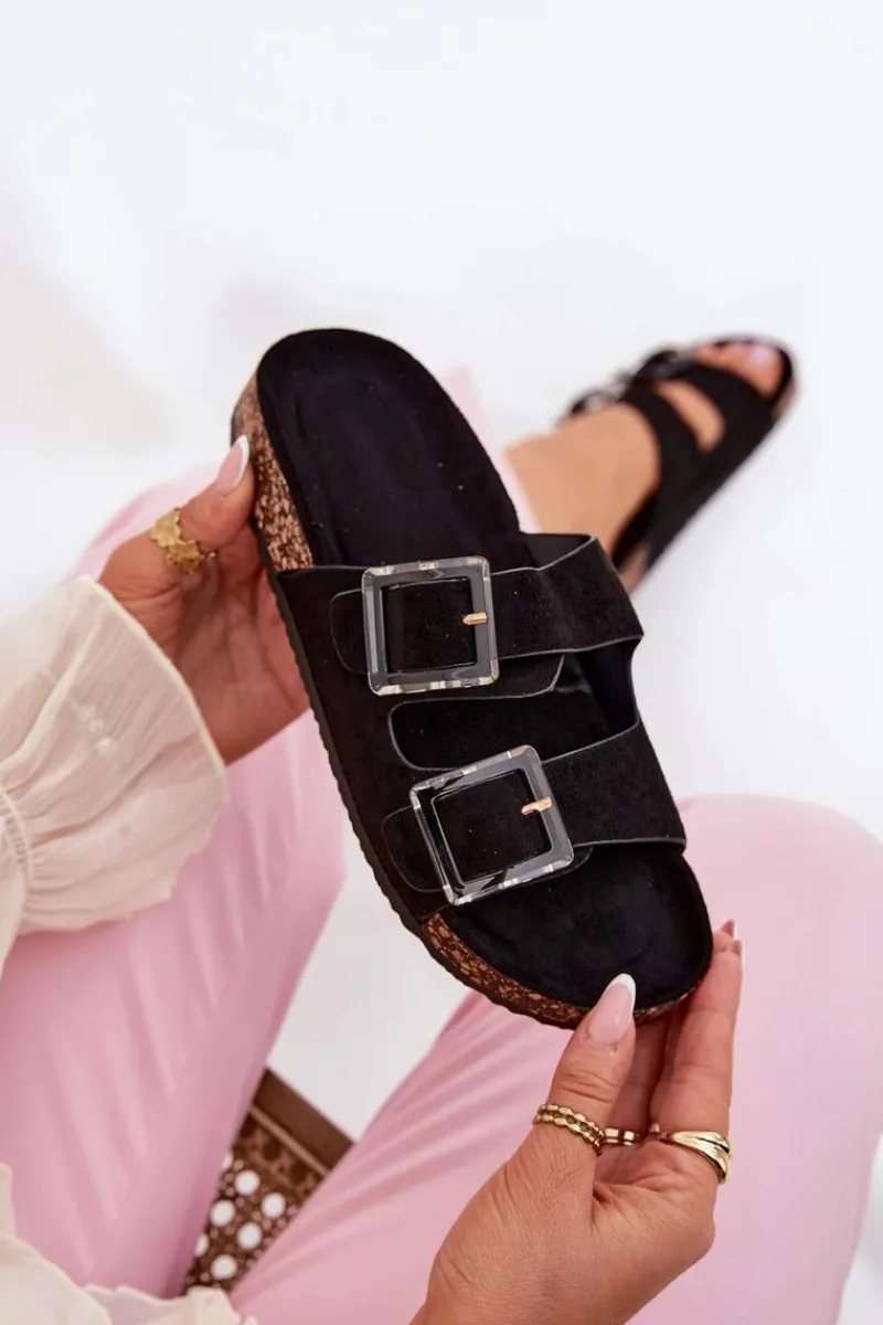 Outlet Klapki Damskie Z Klamrami Na Korkowej Podeszwie Czarne Sercele Damskie Klapki Korkowe|Klapki Na Platformie