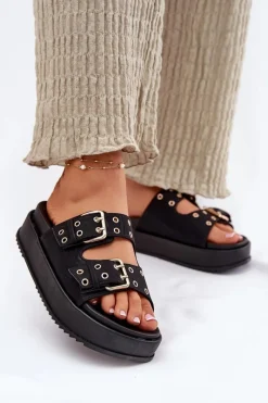 Klapki Na Platformie|Klapki Damskie Klasyczne>Boto Klapki Damskie Z Klamrami Na Platformie Czarne Nilatha