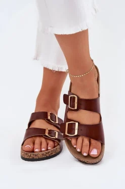 Klapki Korkowe|Klapki Na Platformie>Evento Klapki Damskie Z Klamrami Z Eko Skóry Brązowe Iskira Brązowy