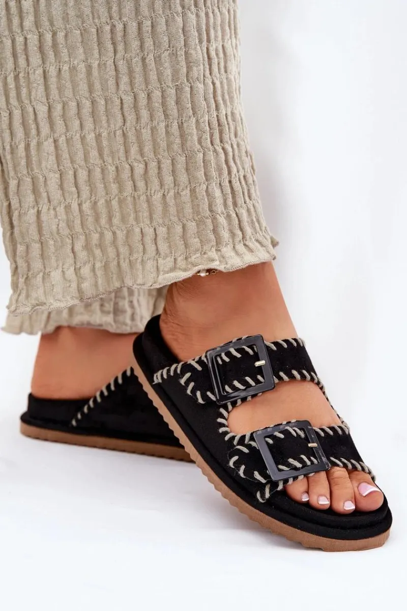 Clearance Boto Klapki Damskie Z Klamrami I Ozdobnym Obszyciem Czarne Visley Czarny