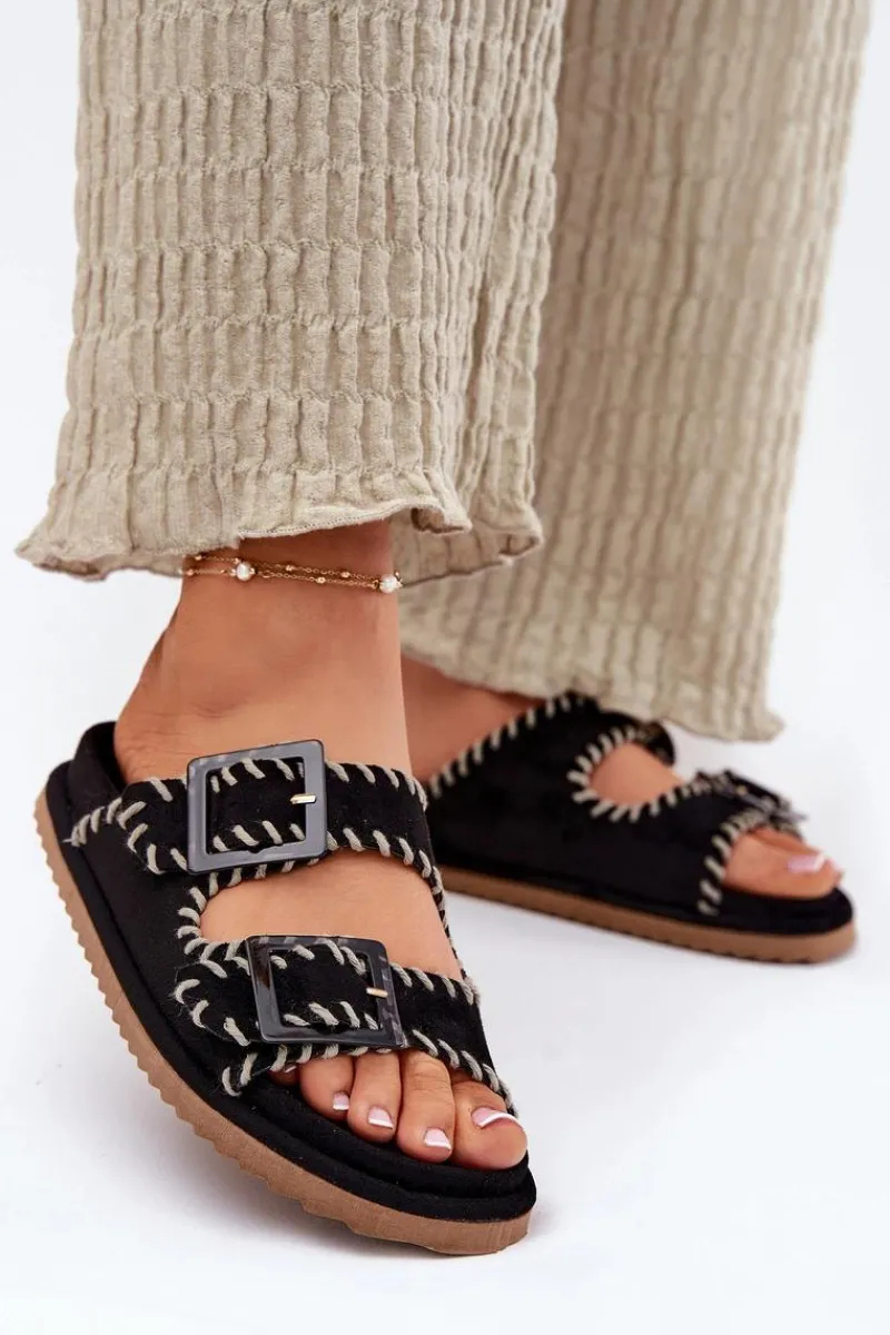 Clearance Boto Klapki Damskie Z Klamrami I Ozdobnym Obszyciem Czarne Visley Czarny