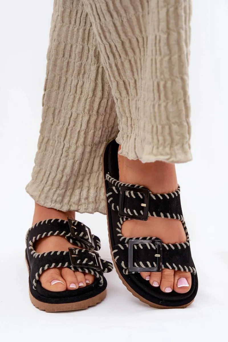 Clearance Boto Klapki Damskie Z Klamrami I Ozdobnym Obszyciem Czarne Visley Czarny