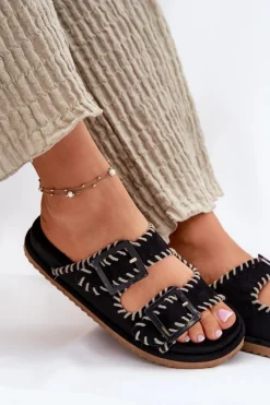 Clearance Boto Klapki Damskie Z Klamrami I Ozdobnym Obszyciem Czarne Visley Czarny