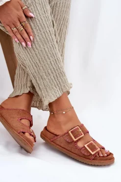 Klapki Na Platformie|Klapki Damskie Klasyczne>Boto Klapki Damskie Z Klamrami I Ozdobnym Obszyciem Camel Visley Brązowy