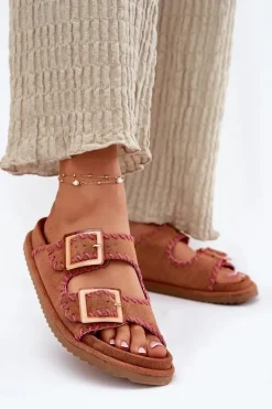 Klapki Na Platformie|Klapki Damskie Klasyczne>Boto Klapki Damskie Z Klamrami I Ozdobnym Obszyciem Camel Visley Brązowy