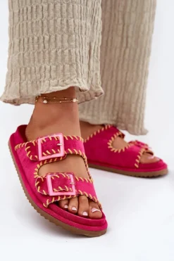 Online Klapki Damskie Z Klamrami I Ozdobnym Obszyciem Fuksja Visley Damskie Klapki Na Platformie|Klapki Damskie Klasyczne