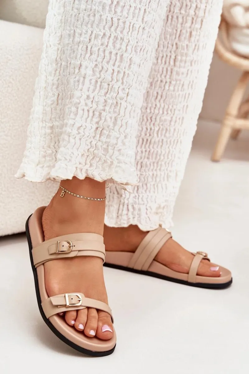 Best Boto Klapki Damskie Z Klamrami Beżowe Brinella Beżowy