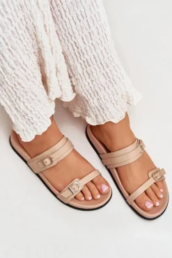 Best Boto Klapki Damskie Z Klamrami Beżowe Brinella Beżowy