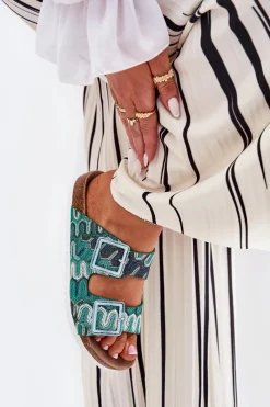 Klapki Korkowe|Klapki Na Platformie>Damskie buty S.Barski Klapki Damskie Z Klamrami I Brokatem S.Barski RB51-006 Zielone Zielony