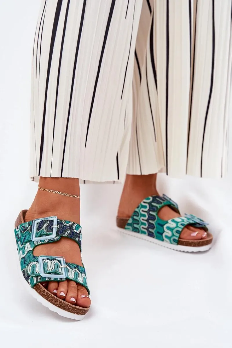 Klapki Korkowe|Klapki Na Platformie>Damskie buty S.Barski Klapki Damskie Z Klamrami I Brokatem S.Barski RB51-006 Zielone Zielony