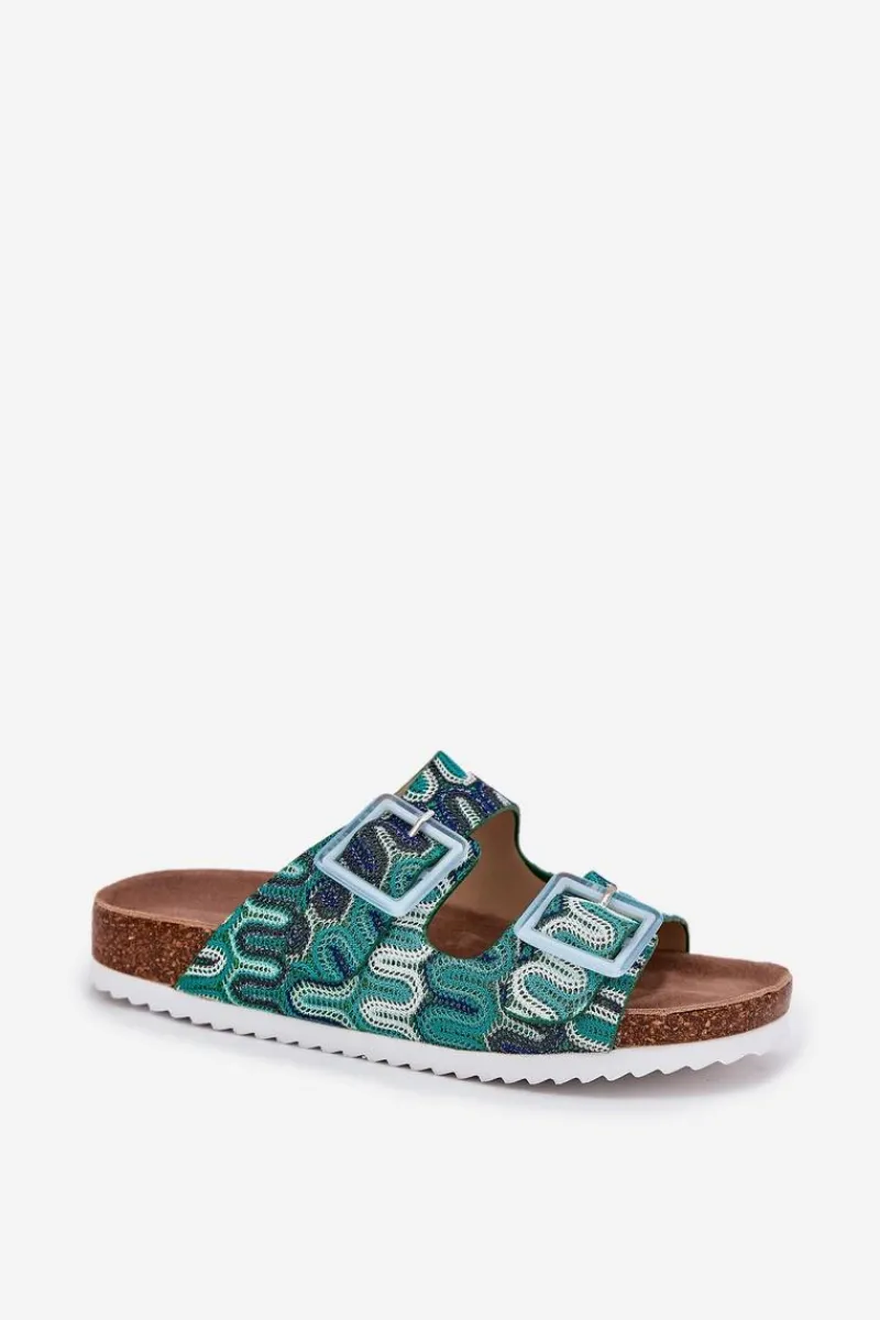 Klapki Korkowe|Klapki Na Platformie>Damskie buty S.Barski Klapki Damskie Z Klamrami I Brokatem S.Barski RB51-006 Zielone Zielony