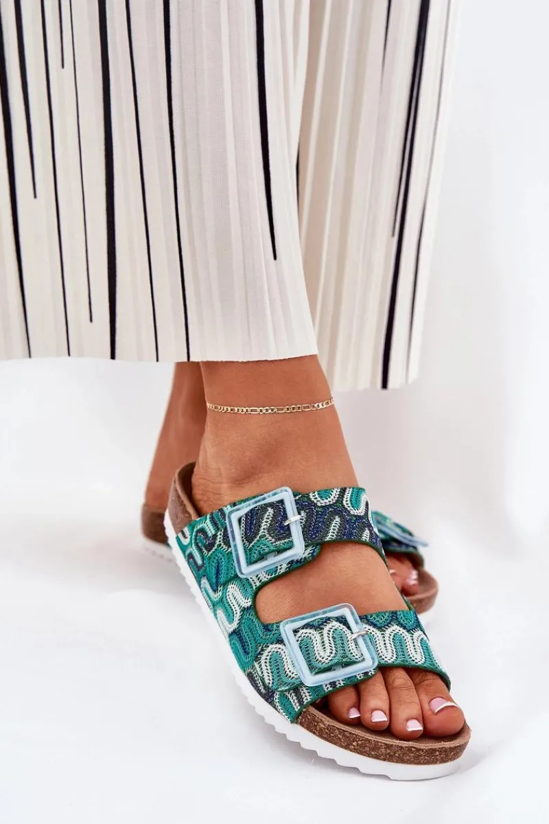 Klapki Korkowe|Klapki Na Platformie>Damskie buty S.Barski Klapki Damskie Z Klamrami I Brokatem S.Barski RB51-006 Zielone Zielony