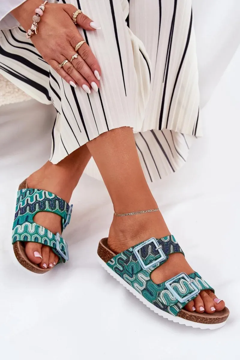 Klapki Korkowe|Klapki Na Platformie>Damskie buty S.Barski Klapki Damskie Z Klamrami I Brokatem S.Barski RB51-006 Zielone Zielony