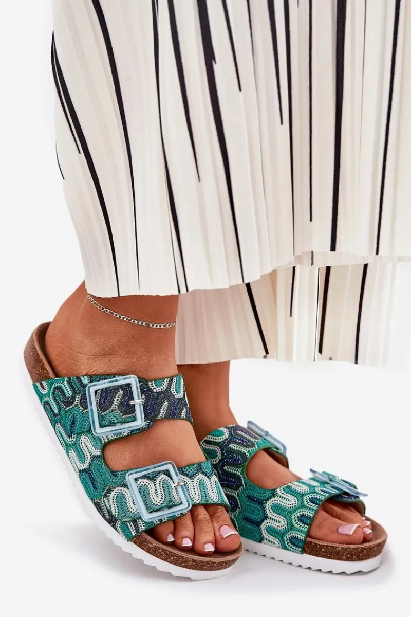 Klapki Korkowe|Klapki Na Platformie>Damskie buty S.Barski Klapki Damskie Z Klamrami I Brokatem S.Barski RB51-006 Zielone Zielony