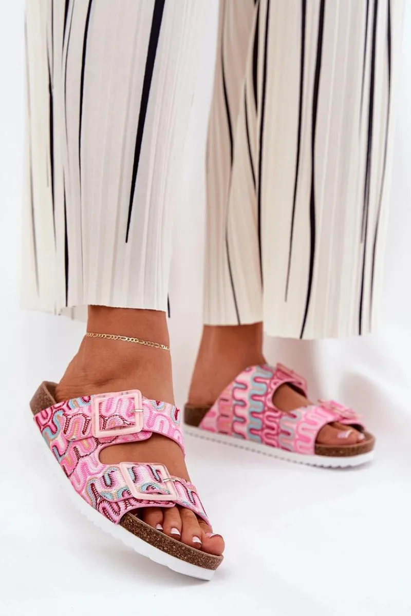 Klapki Korkowe|Klapki Na Platformie>Damskie buty S.Barski Klapki Damskie Z Klamrami I Brokatem S.Barski RB51-006 Różowe Różowy