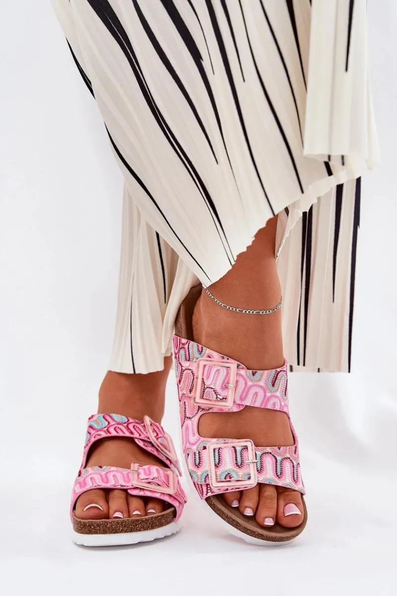 Klapki Korkowe|Klapki Na Platformie>Damskie buty S.Barski Klapki Damskie Z Klamrami I Brokatem S.Barski RB51-006 Różowe Różowy