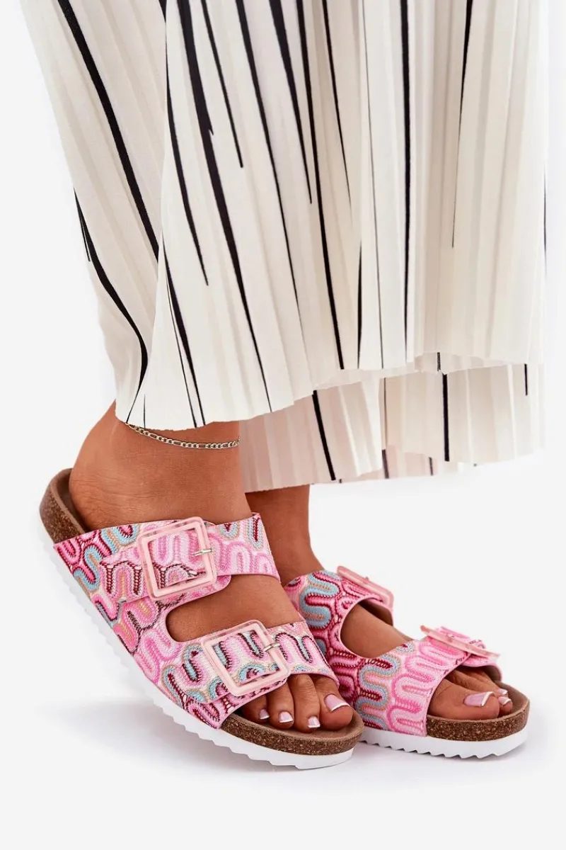 Klapki Korkowe|Klapki Na Platformie>Damskie buty S.Barski Klapki Damskie Z Klamrami I Brokatem S.Barski RB51-006 Różowe Różowy