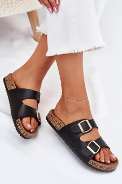 Best Klapki Damskie Z Klamrami Z Eko Skóry Czarne Iskira Damskie Klapki Korkowe|Klapki Na Platformie