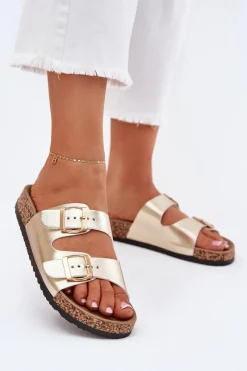 Klapki Korkowe|Klapki Na Platformie>Evento Klapki Damskie Z Klamrami Z Eko Skóry Złote Iskira