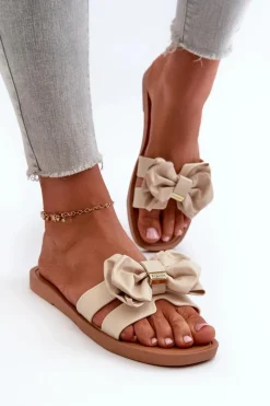 Outlet Klapki Damskie Z Kokardą Beżowe Rivarina Damskie Klapki Damskie Klasyczne