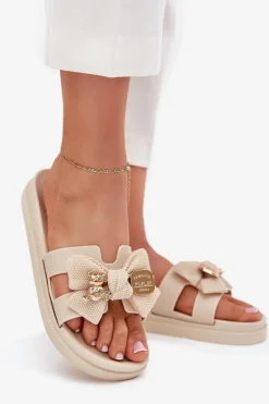 Discount Klapki Damskie Z Kokardą I Złotą Broszką Jasnobeżowe Lynara Damskie Klapki Na Platformie|Klapki Damskie Klasyczne