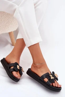 Boto Klapki Damskie Z Kokardą I Złotą Broszką Czarne Lynara Czarny